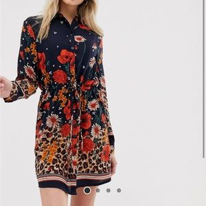 Long sleeve navy blue shirt dress in leopard and floral print